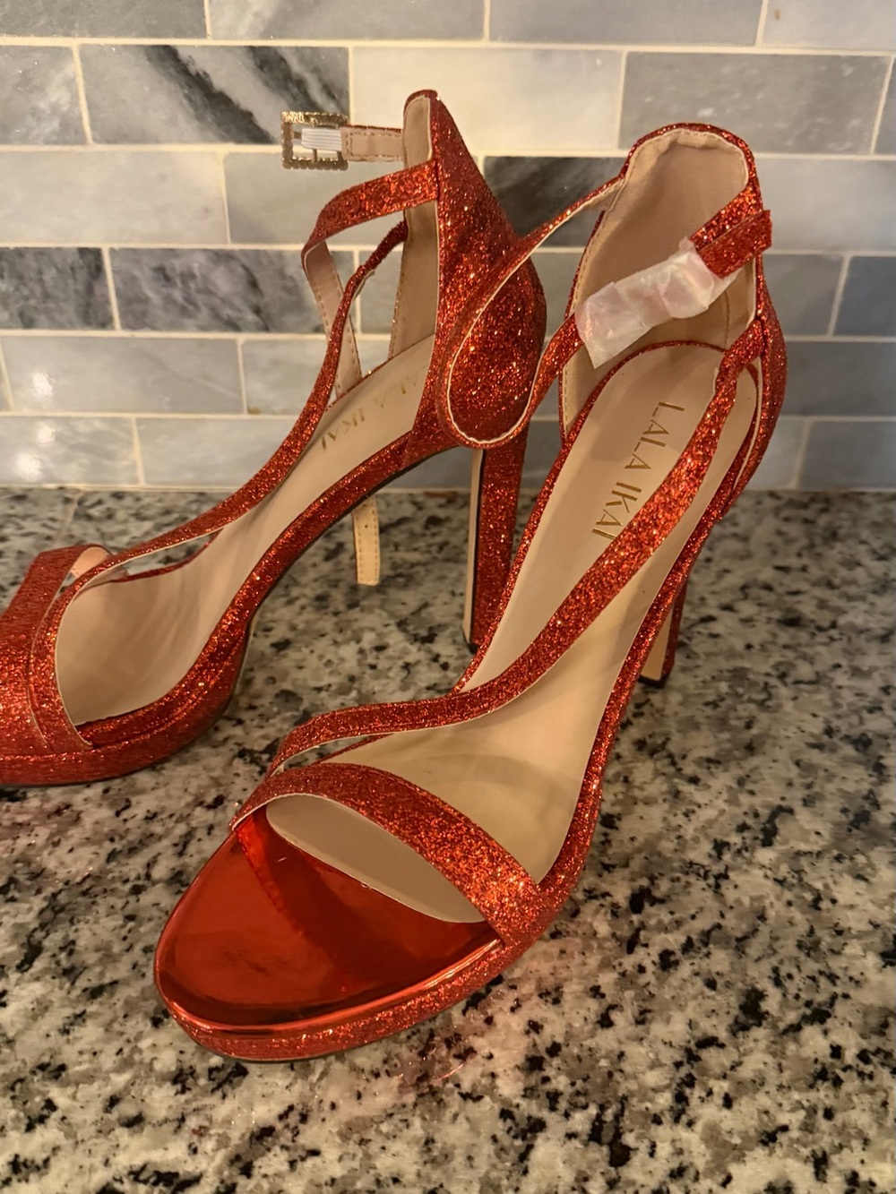 Lala Ikai Glitter Red Ankle-Strap Stiletto Sandals
